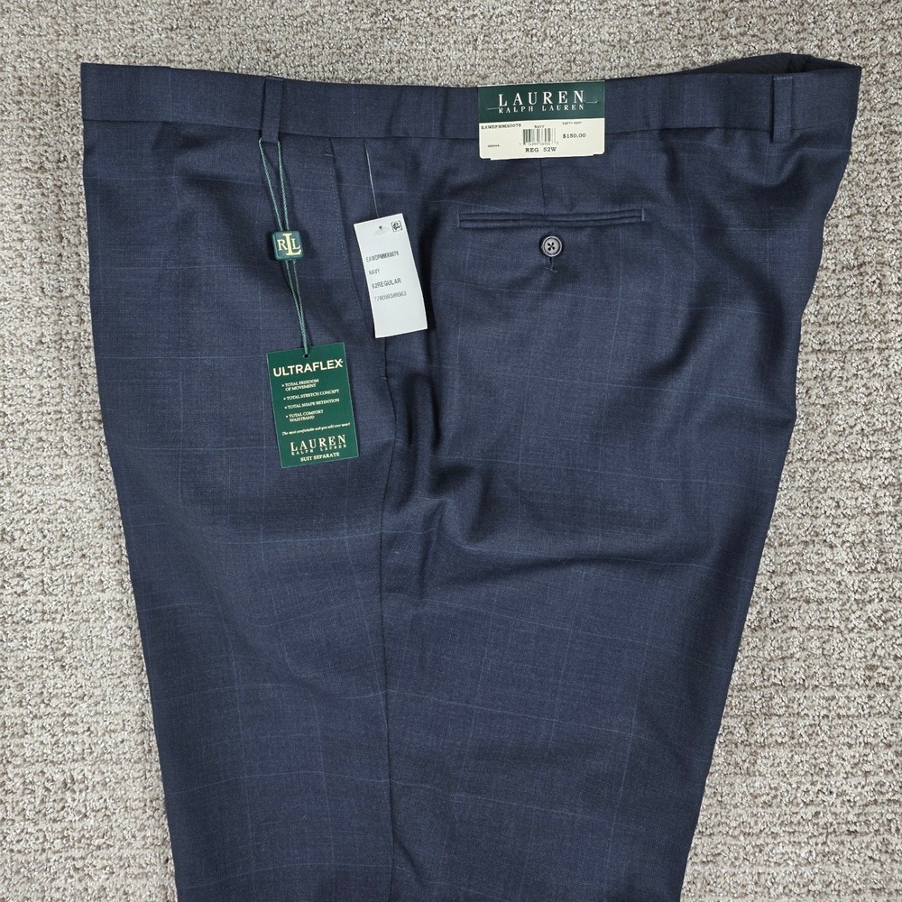 Lauren Ralph Lauren Mens Navy Blue Wool Plaid Ultraflex Dress Pants 52W UNHEMMED